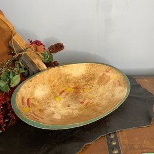 . Antique Oval Wood Bread Bowl - Hand Painted Decorative Wooden Fruit Bowl